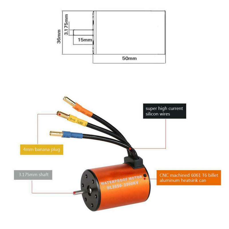 Durable Waterproof 3650 3500KV Aluminium Alloy Brushless Motor for 1:10 RC