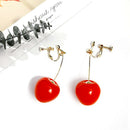 Korean Cherry Fruit Long Drop Earrings Women Sweet Ear Clip Pendant Jewelry