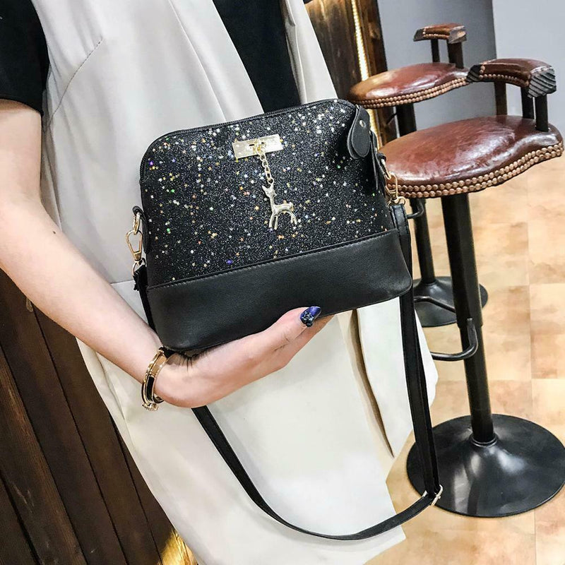Shell Shoulder Handbag Women Shining Sequins PU Leather Messenger Bag/Black