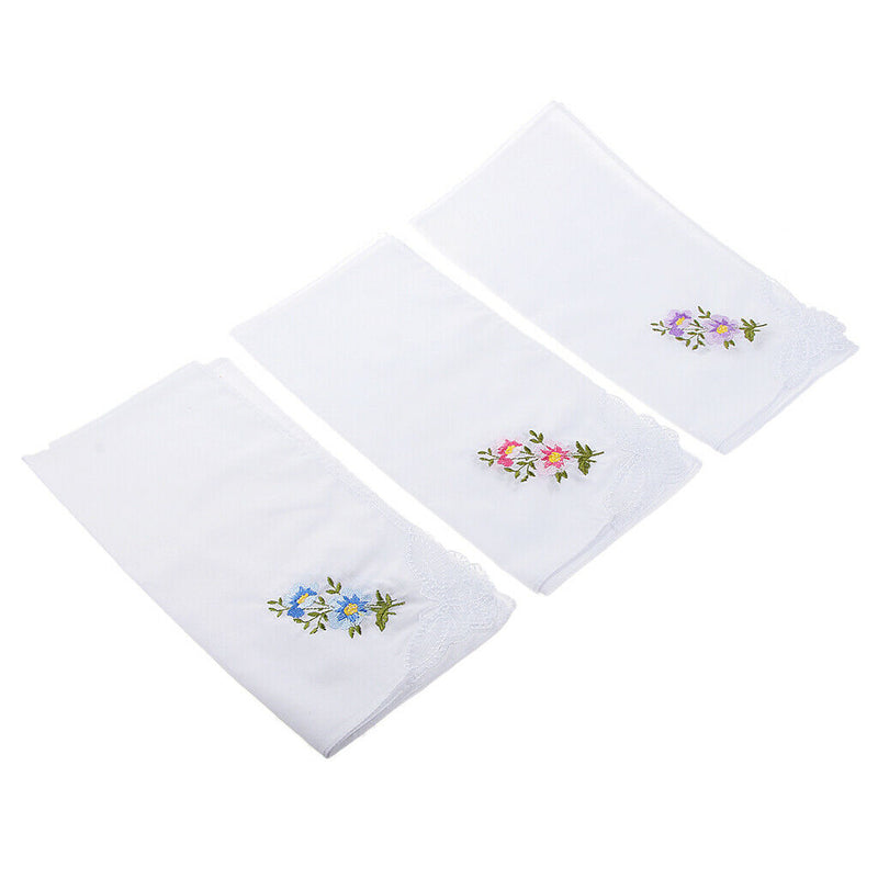 12pack Women 100% Cotton Handkerchief Embroidery Lace Hanky Kerchiefs White