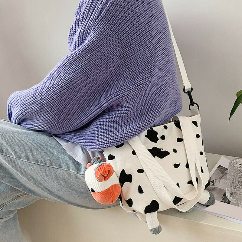Fashion Women Cow Print Shoulder Bags Canvas Pendant Handbags Casual Totes