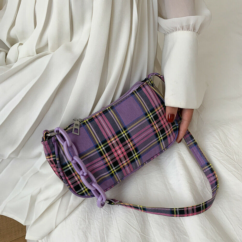 Retro Plaid Women Shoulder Underarm Bag Chain Handbags Canvas Tote (Purple)