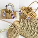 Women's Beach Handbag Straw Shoulder Bag with Handles and Silk Ribbon Bucke H5I5