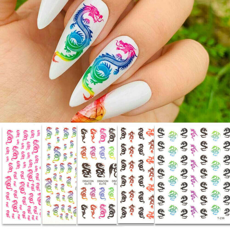 5 Sheets Waterproof Punk Dragon Decals Adhesive Nail Stickers Manicure Nail Art