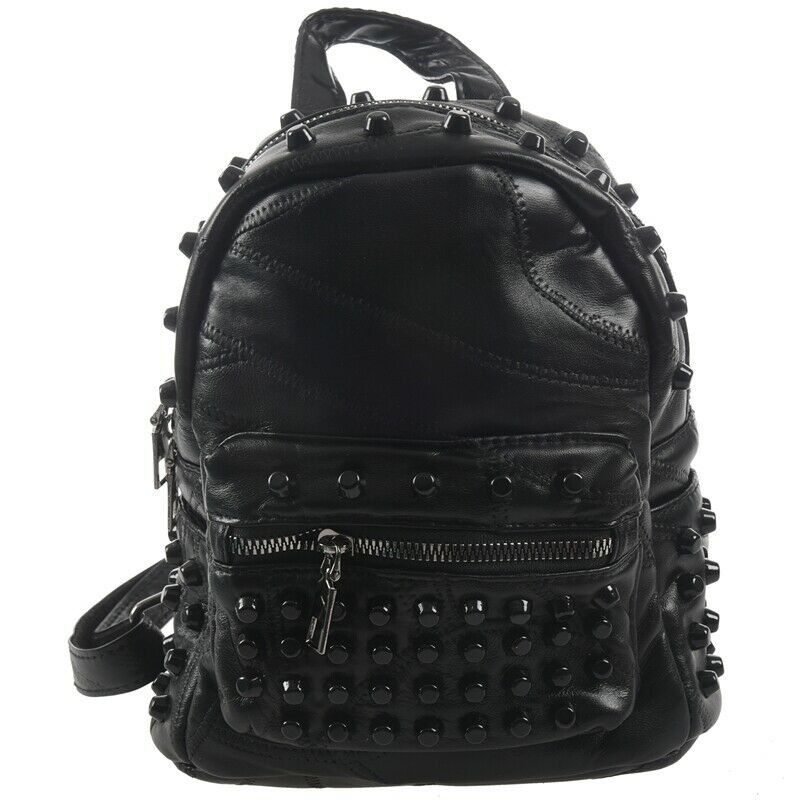 Women Small Good Leather Backpack Rivet Daily Cute Black Backpack for Teena W6B7