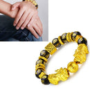 Feng Shui Black Bead Alloy Wealth Bracelet with Golden Pixiu Charms Jewelry Gift