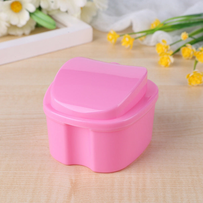 Dental False Teeth Storage Box with Hanging Net Container Organizer (Pink) A