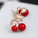 Fashion Women Red Cherry Rhinestone Ear Studs Beads Golden Alloy Leaves Earrings