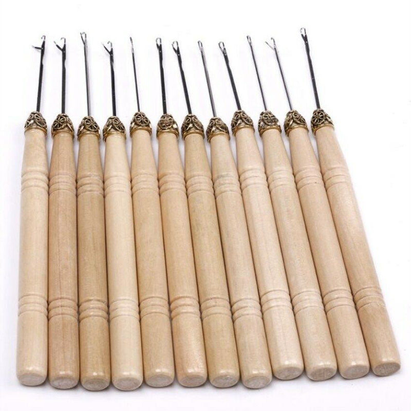 12pcs Short Wooden Latch Hook Pulling Needle Loop Needle for Hair Extensions