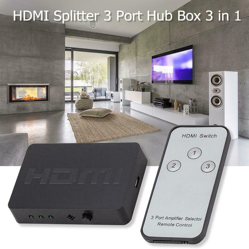 HDMI Splitter 3 Port Hub Box 3 in 1 Out Switcher 1080P HD w/ Remote Control