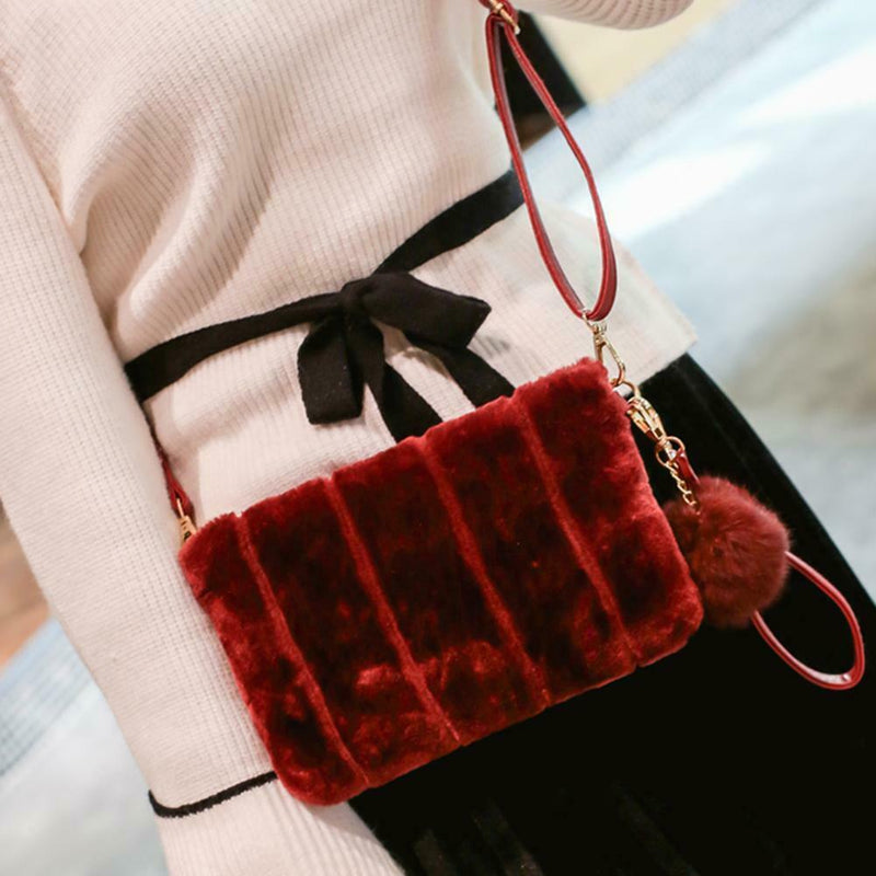 Women Clutch Fur Plush Bag Casual Handbag Winter Crossbody Bag(Wine Red)