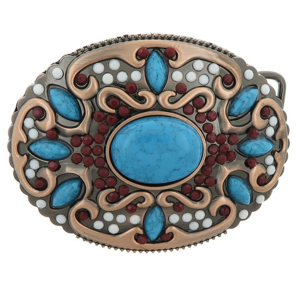 Retro Belt Buckle Western Fashion Turquoise Buckle with Gorgeous Bohe Beads