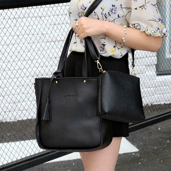 4pcs/set Litchi Leather Tassel Women Tote Shoulder Handbag Card Bags (Black