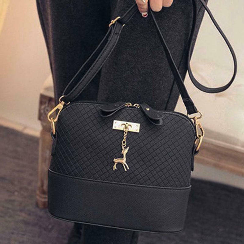 Women Fashion Crossbody Bag PU Plaid Deer Pendant Shoulder Bag(Black)