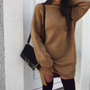 Solid Color Sweater Dress Women High Neck Long Sleeve Dresses (Coffee L)