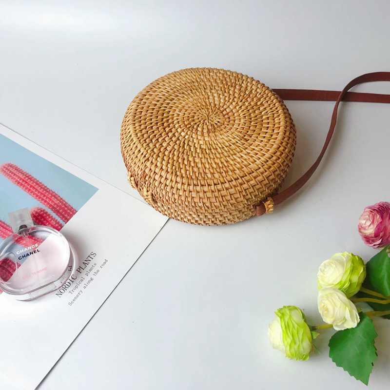 Gril Bag Handwoven Bali Round Retro Rattan Straw Beach Crossbody Bag Tops(B Y6R4