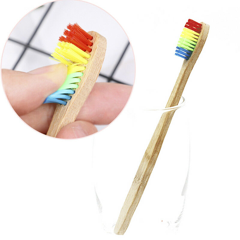 1XMedium-Bristle Bamboo Toothbrush Rainbow Wood Teeth Brush Fibre Hand Yellow Kw
