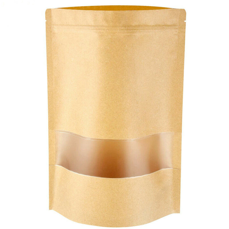 Stand Up Pouch Bags, 100 Pack Kraft Pouch with Tear Notch and Matte Window, Heat