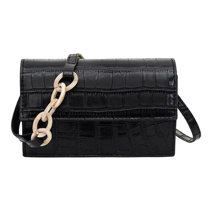 Women Crocodile Leather Shoulder Bag Solid Small Messenger Handbag (Black) A