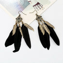 Fashion Leaf Pattern Feather Dangle Rhombus Drop Earrings for Women Black