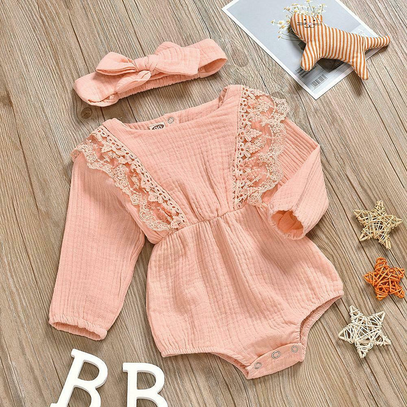 2pcs Clothes Set Baby Kids Girls Solid Color Rompers+Headband (Pink 12-18M) A