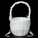White Satin Lace Embellished Wedding Flower Girl Basket w/ Rhinestone Love Heart