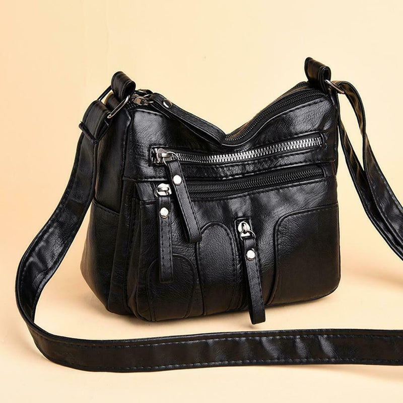 Daily Leather Mom Bag Multi-Pockets Women Shoulder Crossbody Bags (Black)