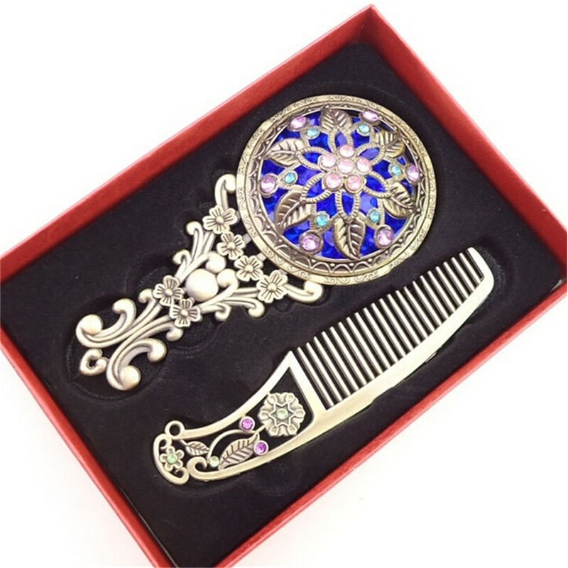 2PCS Bronze Handheld Mirrors Hollow Cosmetic Compact Mirror Comb Set Gift Box Gw
