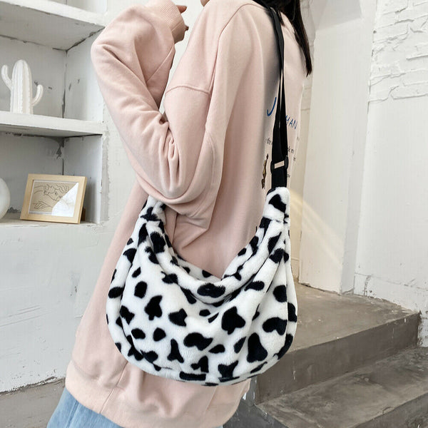 Women Plush Cow Printed Chest Bag Casual Street Crossbody Shoulder Pack (1)