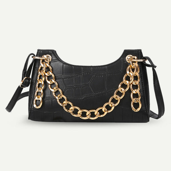 Women Stone Leather Shoulder Bags Elegant Chain Messenger Handbags (Black)