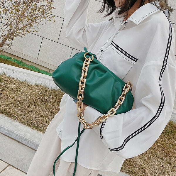 Women Chain Shoulder Bags PU Leather Cloud Party Clutch Handbag (Green)