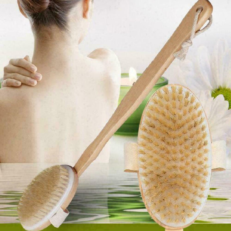 Wooden Loofah Back Scrubber Sap Body Sponge Long Handled Showe Bath Brush S Z9F1
