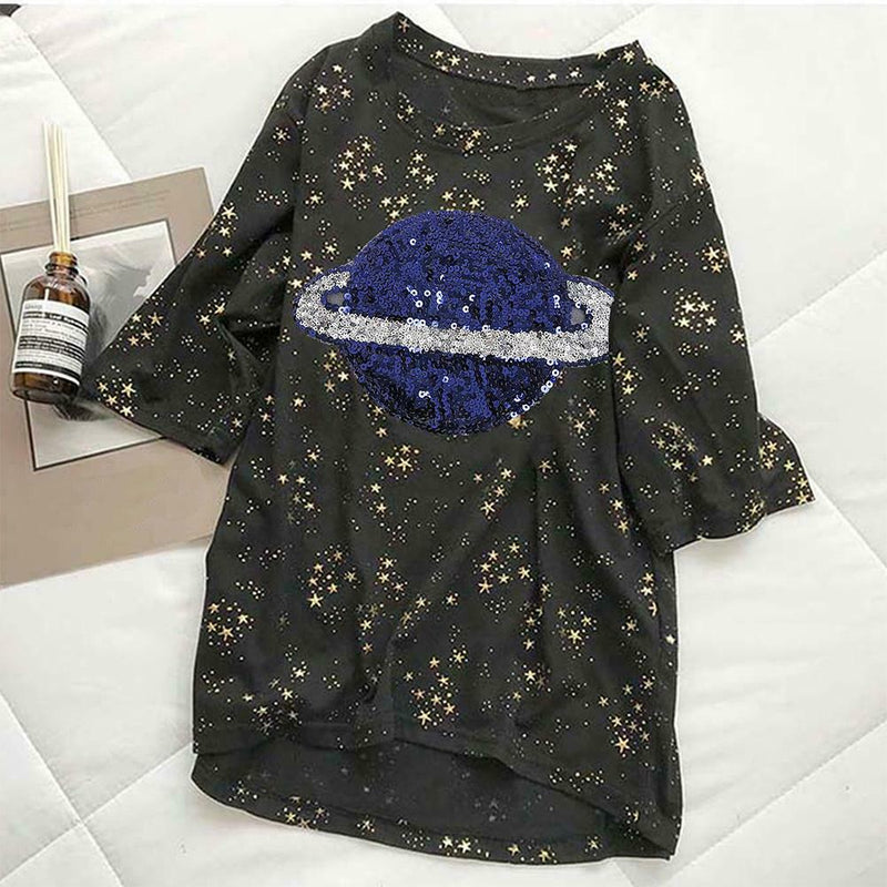 Summer Women Loose T-shirt Star Print Sequin Short-Sleeve TopsÃ¯Â¼Ë†Black) (XL)