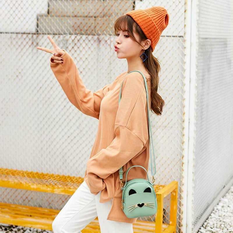 Women PU Leather Crossbody Messenger Bag Cute Cat Shoulder Backpack (Green)