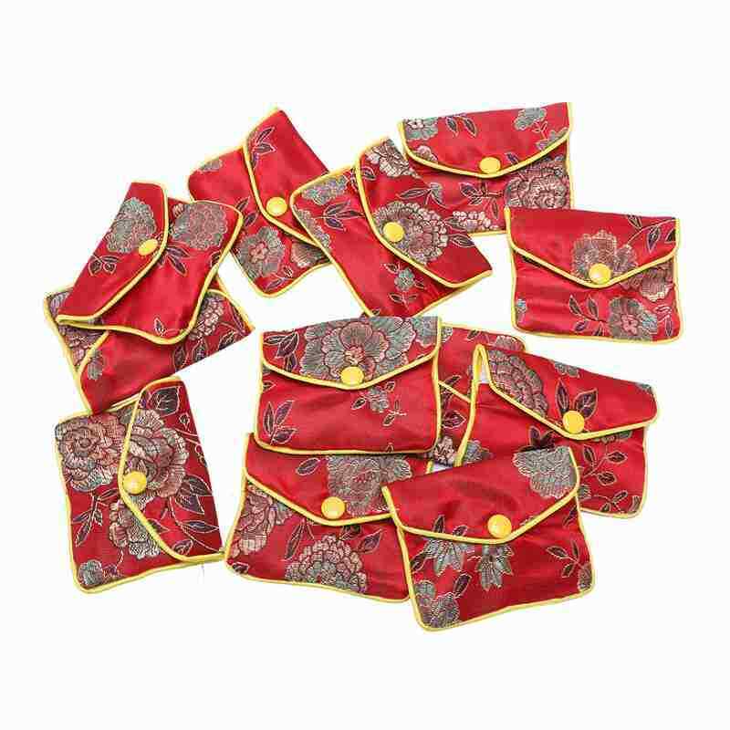 4X(12 In 1 Small Jewelry Box Jewelry Red Jewelry Bag Embroidered Silk ClothD7F9)