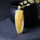 Fashion Yellow Jade Carved Cicada Pendant Necklace Beads Chain Amulet Jewelry
