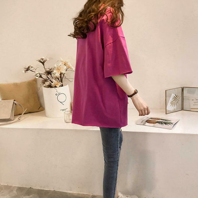 Summer Half Sleeve Long T-shirt Candy Color Loose Women Tops (Rose Red M)