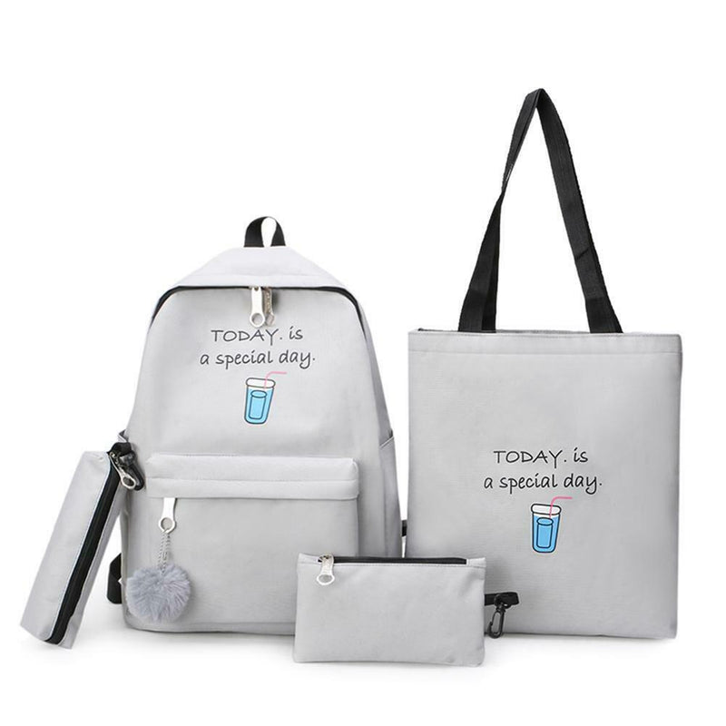 4pcs/Set Women Canvas Backpack Teenage Girls Shoulder School Bag (Gray)