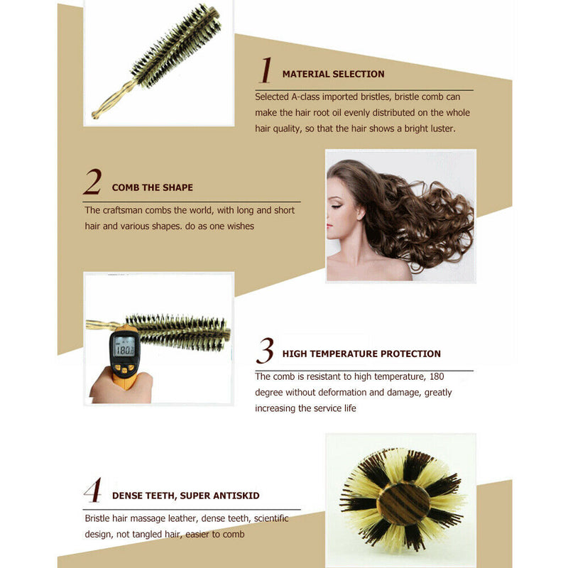 Bristle Hair Curling Brush Wooden Round Comb Hairstyling Magic Curl Brush