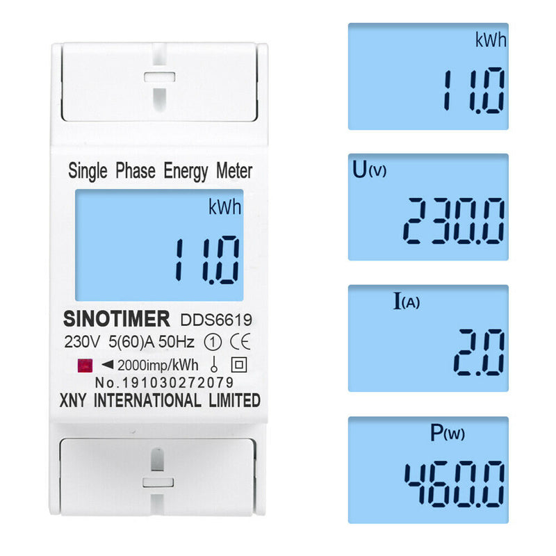 Backlit LCD Digital Wattmeter DIN Rail Power Consumption Energy kWh Meter