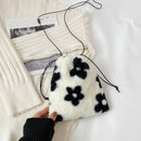 Women Plush Shoulder Crossbody Bag Mini Drawstring Clutch (Flower Printed)