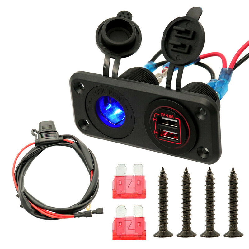 Dual USB Charger Socket Waterproof Power Outlet Fast Charge with Wire and Fuse