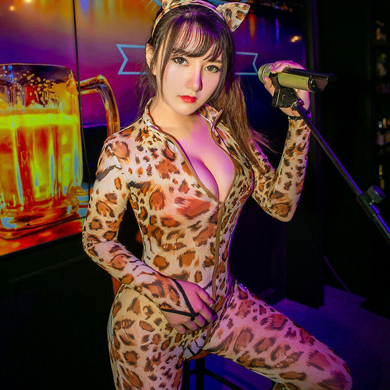 Sexy Women Leopard Wet Look Jumpsuit Bodycon Bodysuit Zipper Playsuit Linge Kw
