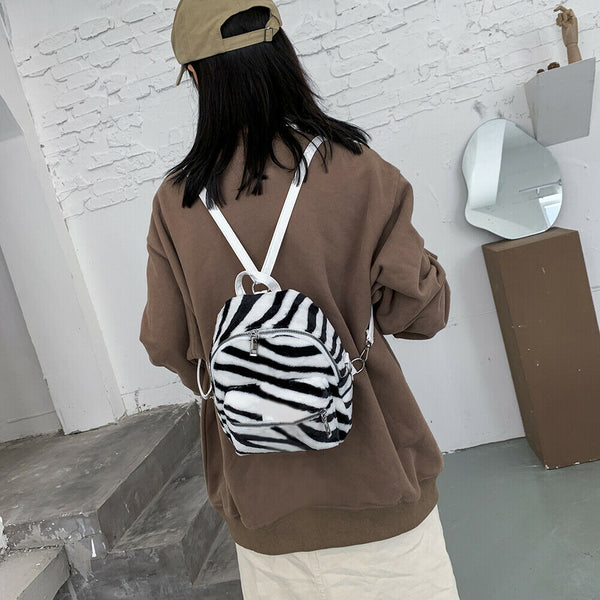 Cow Zebra Print Shoulder Schoolbag Women Girl Plush Mini Backpack (Style 1) A#S