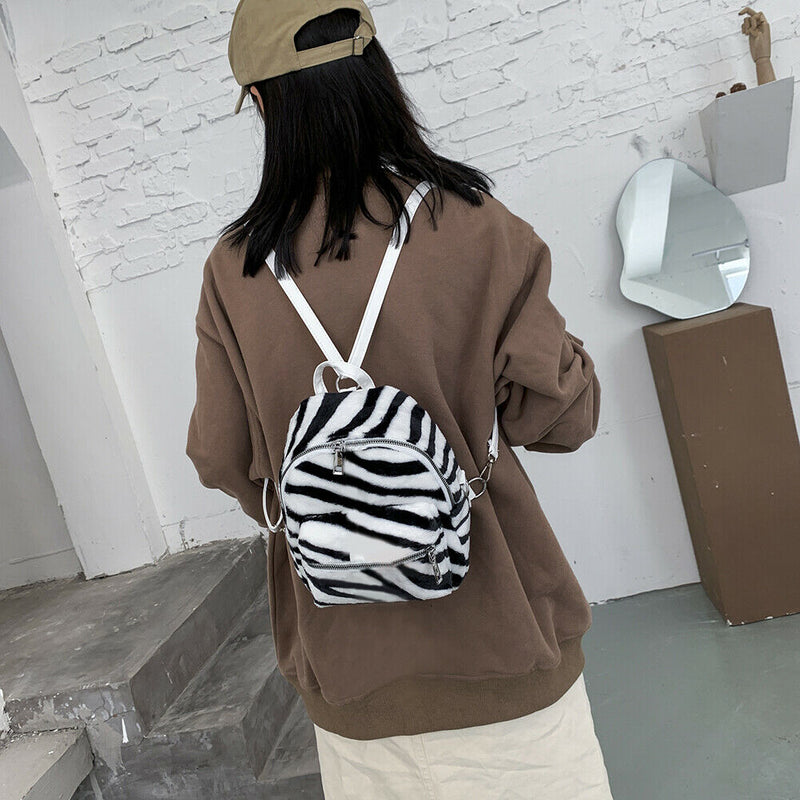 Cow Zebra Print Shoulder Schoolbag Women Girl Plush Mini Backpack (Style 1) A
