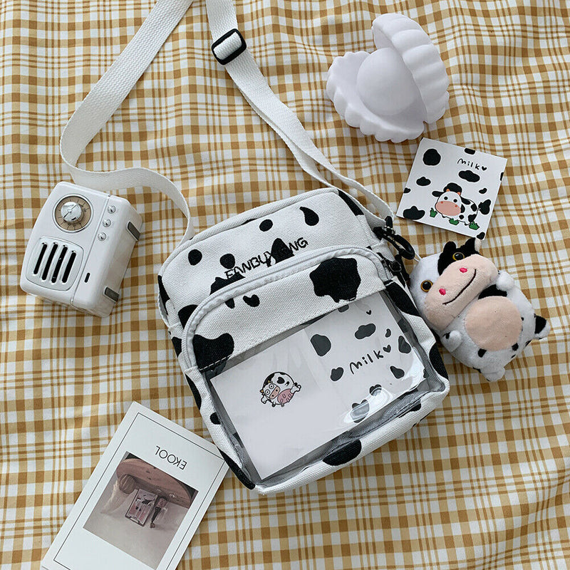 Canvas Women Cow Print Clear Splicing Pendant Shoulder Crossbody Bags (2) A