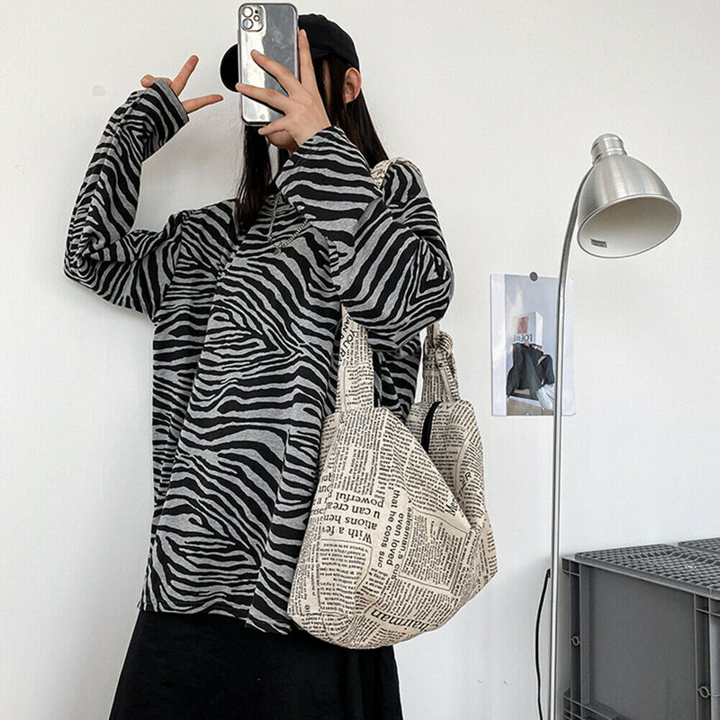 Casual Canvas Shoulder Bags Women Newspaper Print Zipper Crossbody Bags