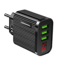 Digital Display USB Charger for Phone Tablet 3 USB Wall Charger (Black EU)