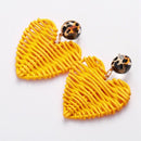 Summer Rattan Knit Drop Earrings For Women Heart Pendant Handmade Bohemian