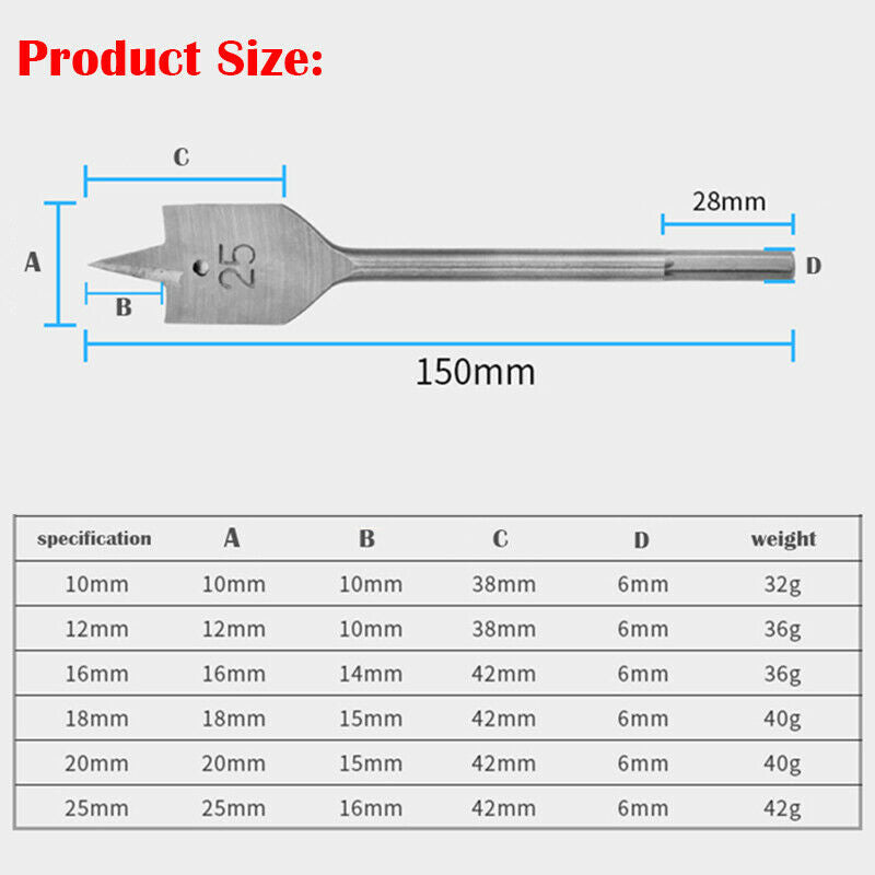 6Pcs/Set Grooved Flat Bit Set Flat Spade Wood Drill Bit 10/12/16/18/20/25mm